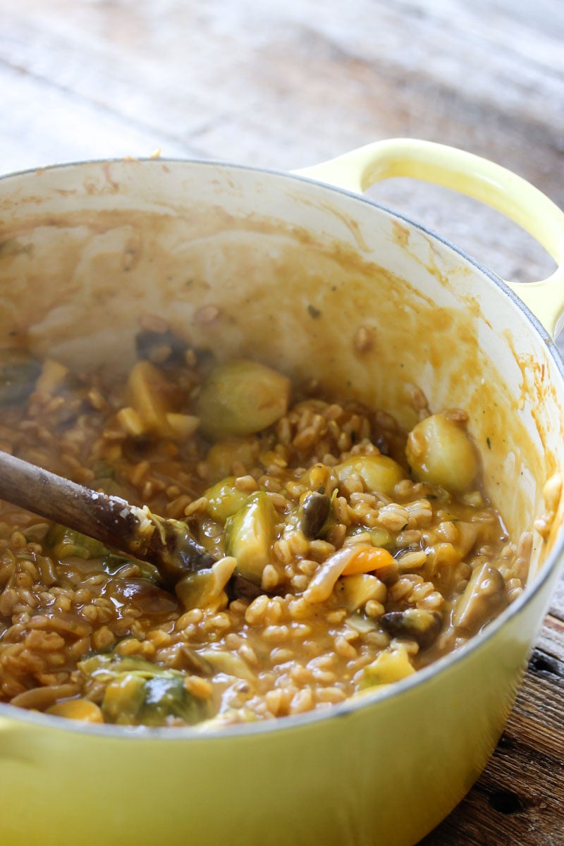 One Pot Autumn Vegetable Farrotto | dishingouthealth.com