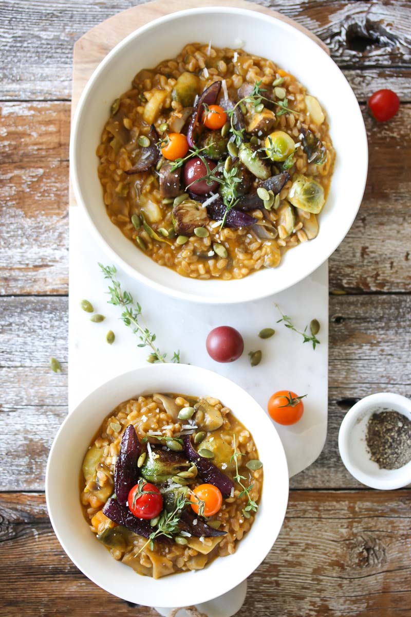 One Pot Autumn Vegetable Farrotto | dishingouthealth.com