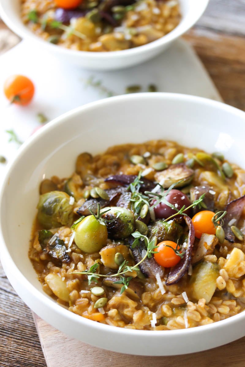 One Pot Autumn Vegetable Farro Risotto | dishingouthealth.com