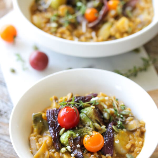 One Pot Autumn Vegetable Farrotto | dishingouthealth.com