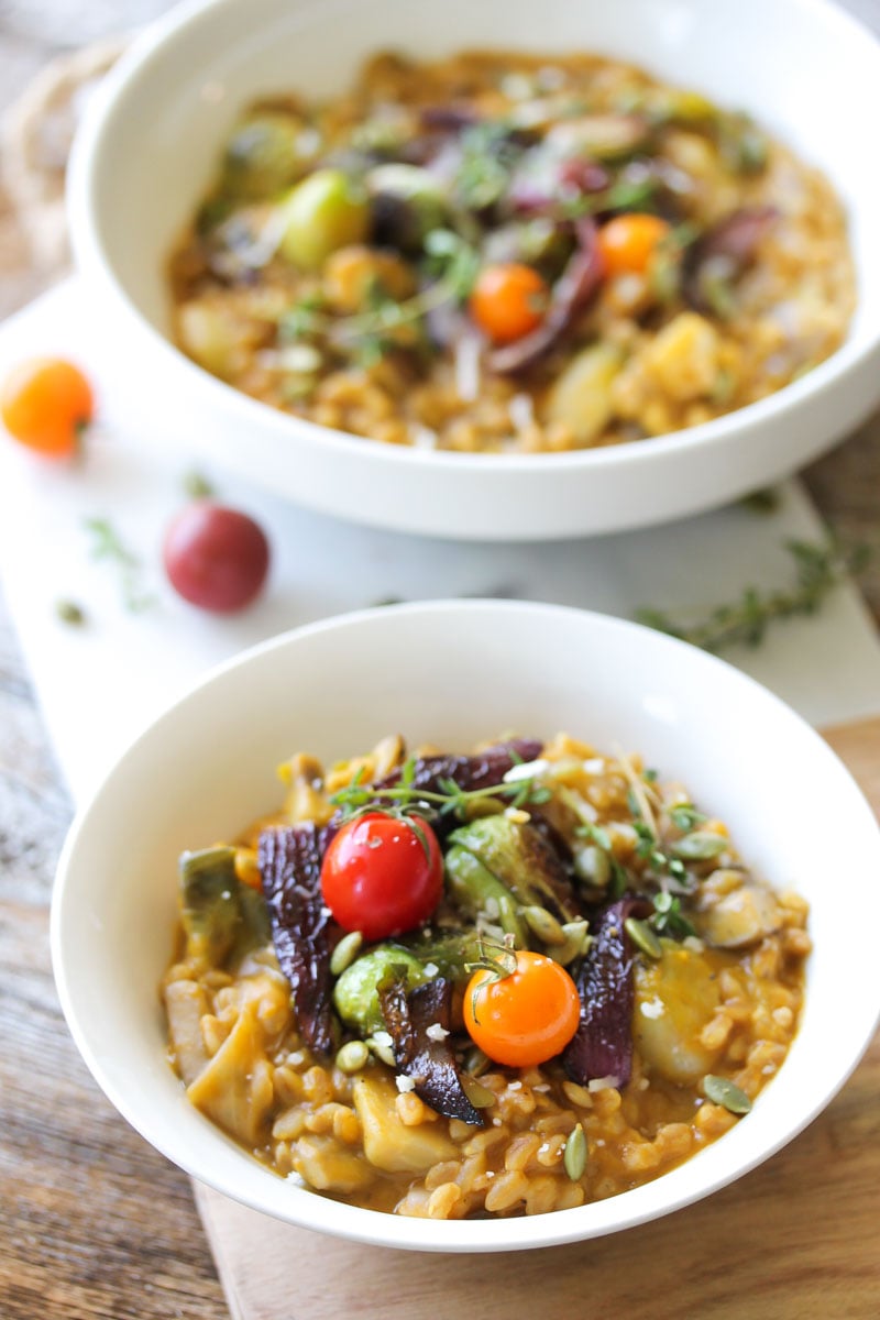 One Pot Autumn Vegetable Farrotto | dishingouthealth.com
