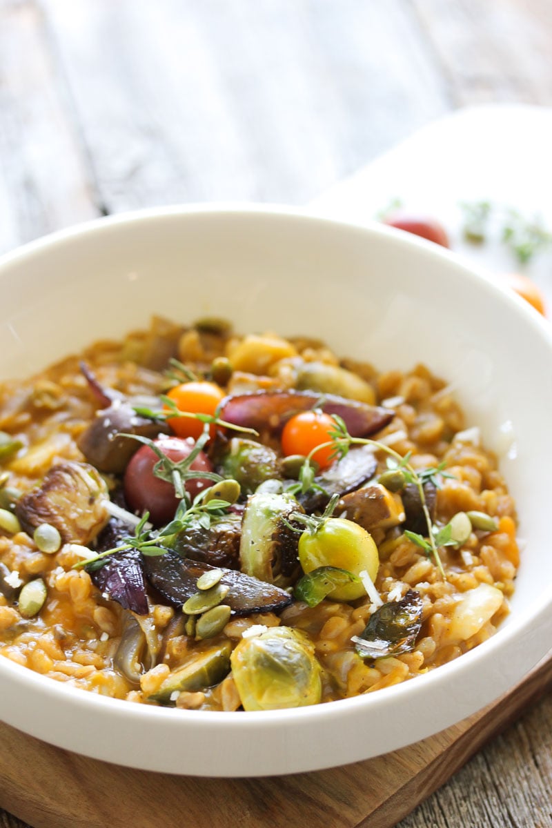 One Pot Autumn Vegetable Farrotto | dishingouthealth.com