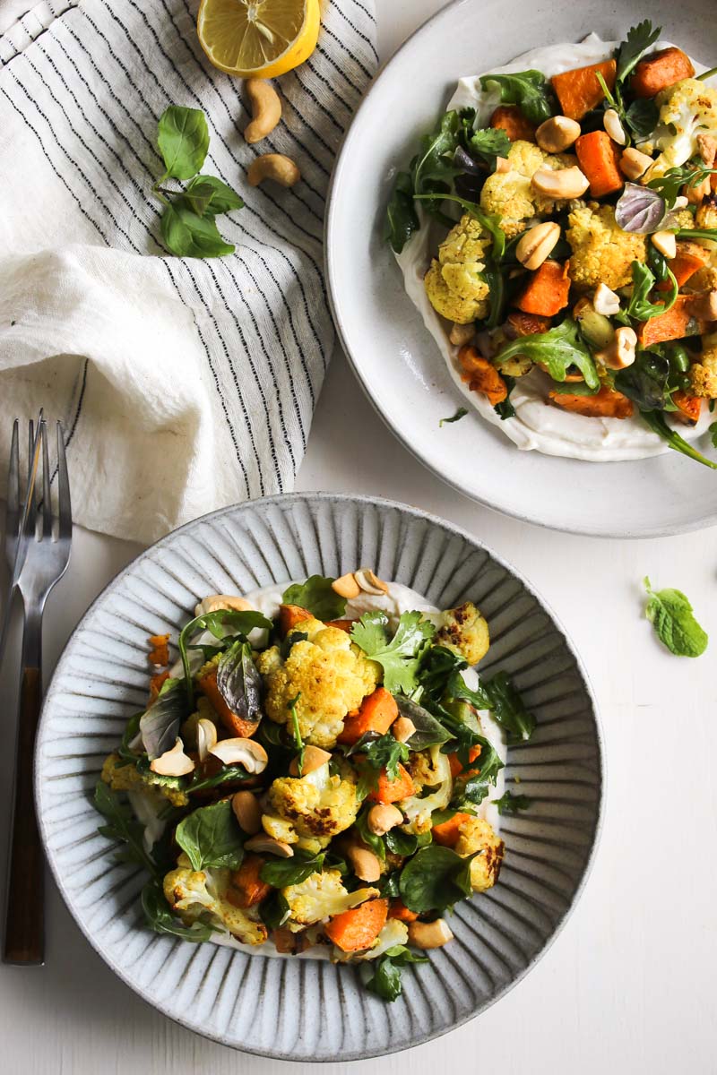 Curried Cauliflower and Sweet Potato Bowls with Cumin Yogurt