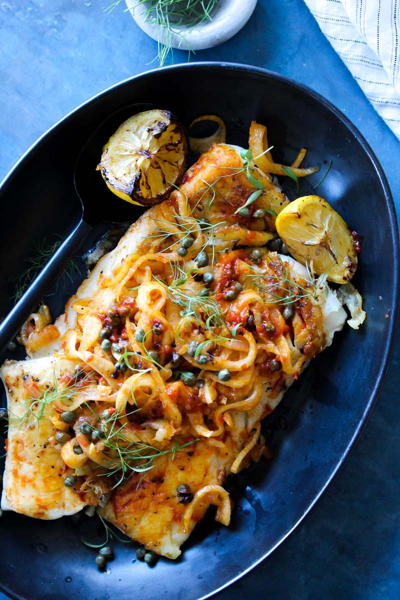 Pan-Seared White Fish with Harissa-Fennel and Capers
