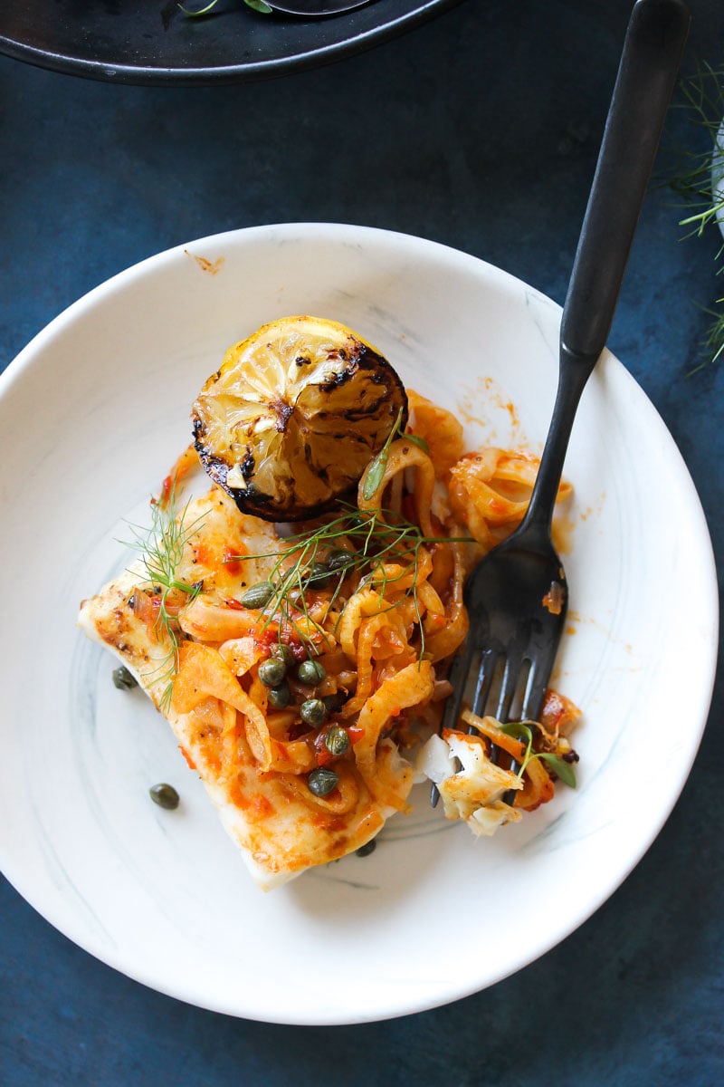 Pan-Seared White Fish with Harissa-Fennel and Capers