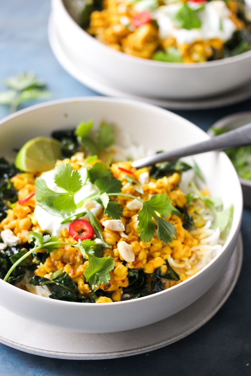 Turmeric-Tempeh Coconut Curry | dishingouthealth.com