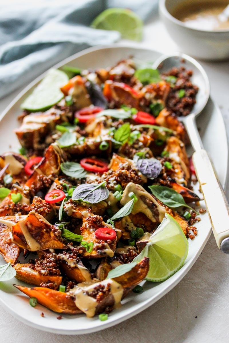 Roasted Sweet Potato Wedges with Asian Peanut Sauce