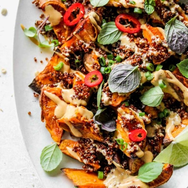 Roasted Sweet Potato Wedges with Asian Peanut Sauce