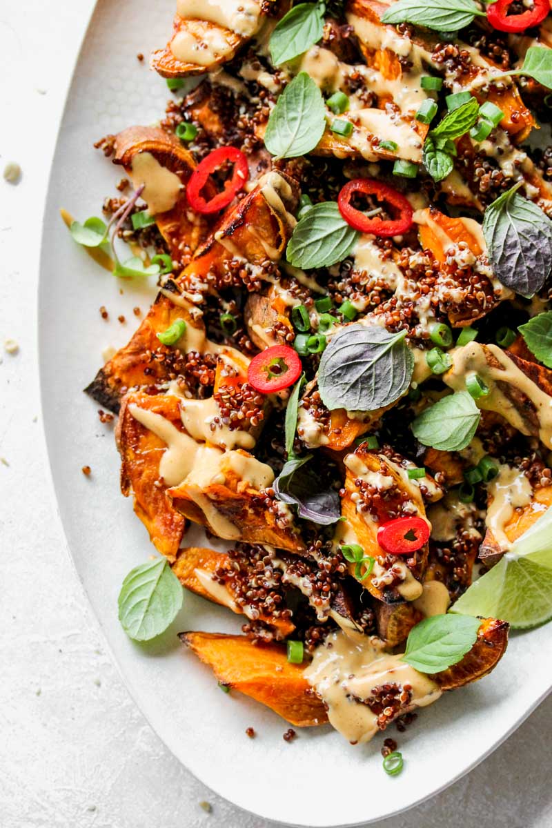 Roasted Sweet Potato Wedges with Asian Peanut Sauce