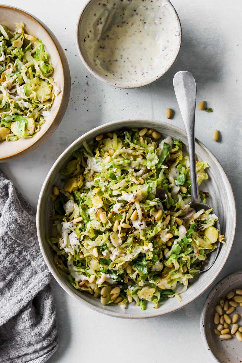 10-Minute Warm Brussels Salad with Whole-Grain Mustard Dressing