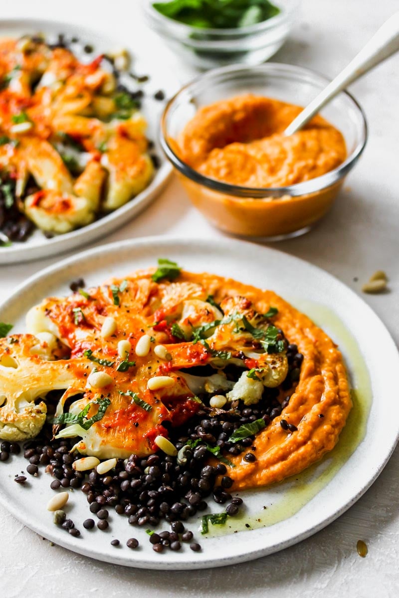 Cauliflower Steaks with Lemon-Caper Lentils and Harissa "Hummus"