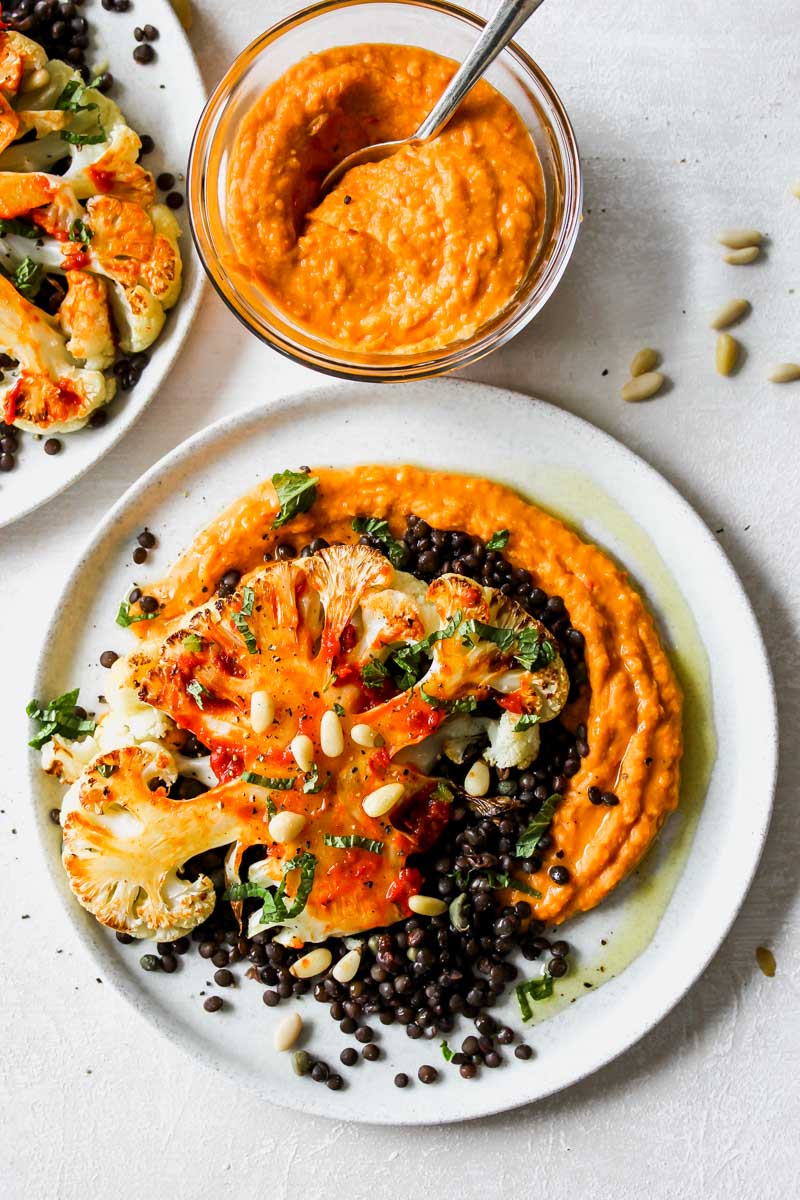 Cauliflower Steaks with Lemon-Caper Lentils and Harissa "Hummus"