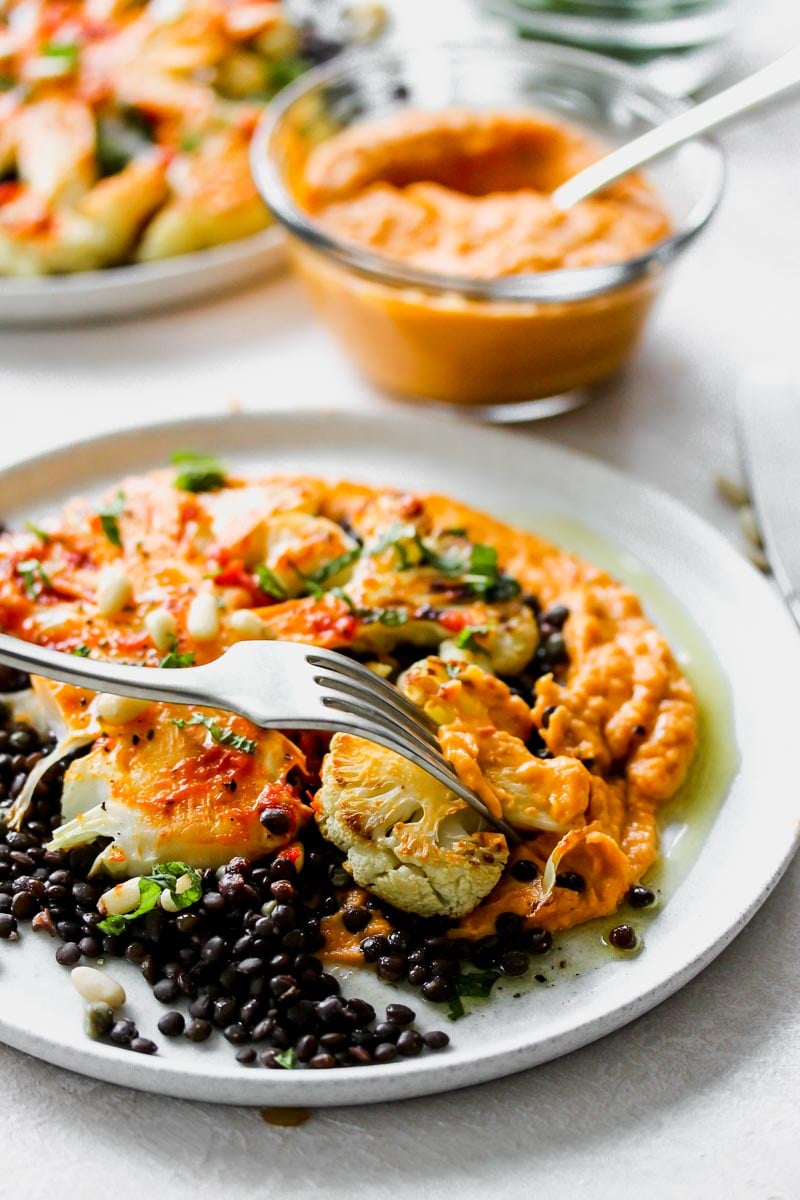 Cauliflower Steaks with Lemon-Caper Lentils and Harissa "Hummus"