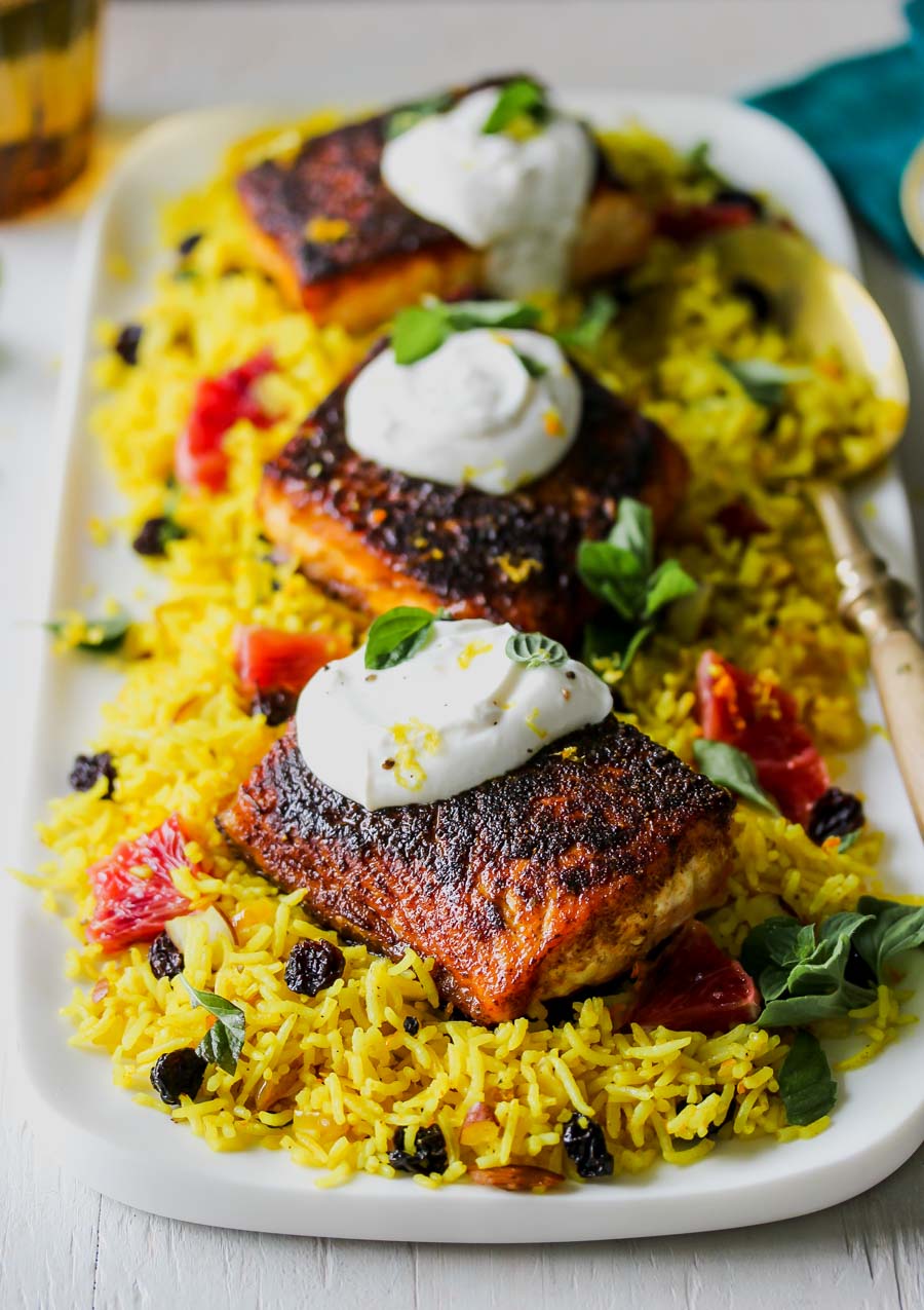 Crispy Salmon with Indian Spices and Jeweled Rice