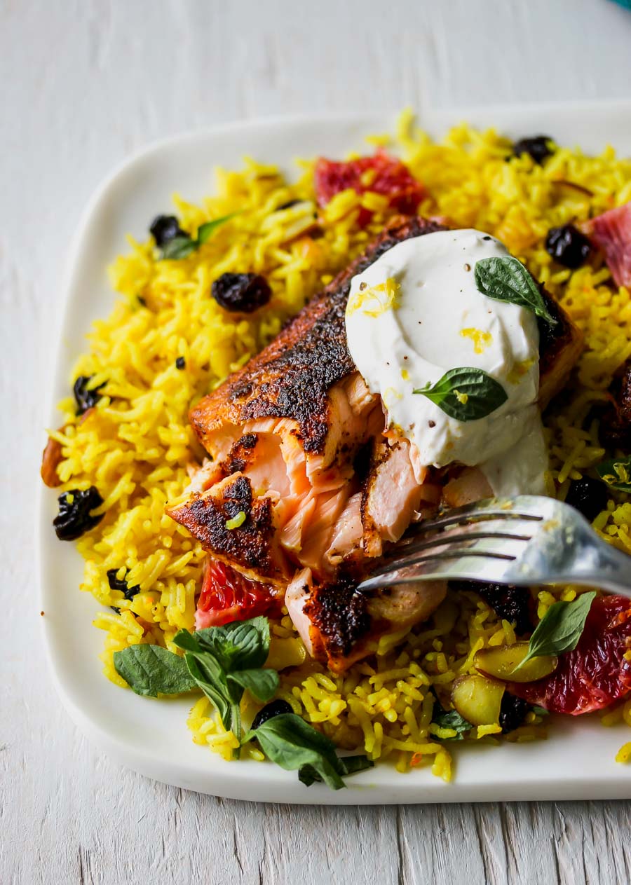 Crispy Salmon with Indian Spices and Jeweled Rice