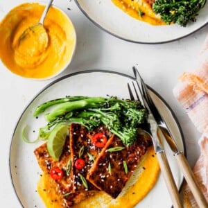 Honey-Soy Glazed Tofu with Carrot-Ginger Sauce
