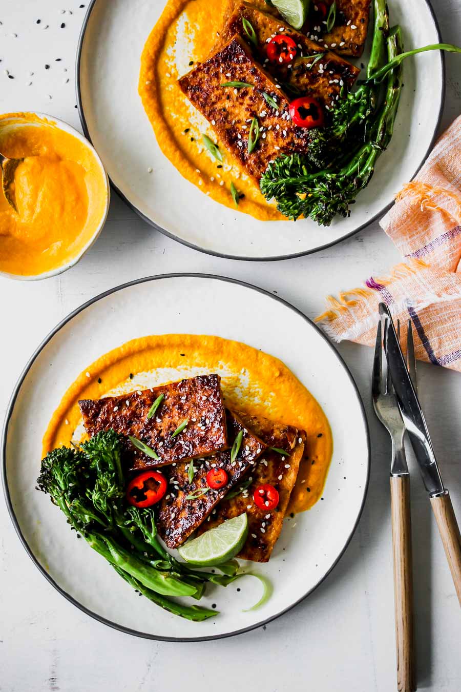 Honey-Soy Glazed Tofu with Carrot-Ginger Sauce