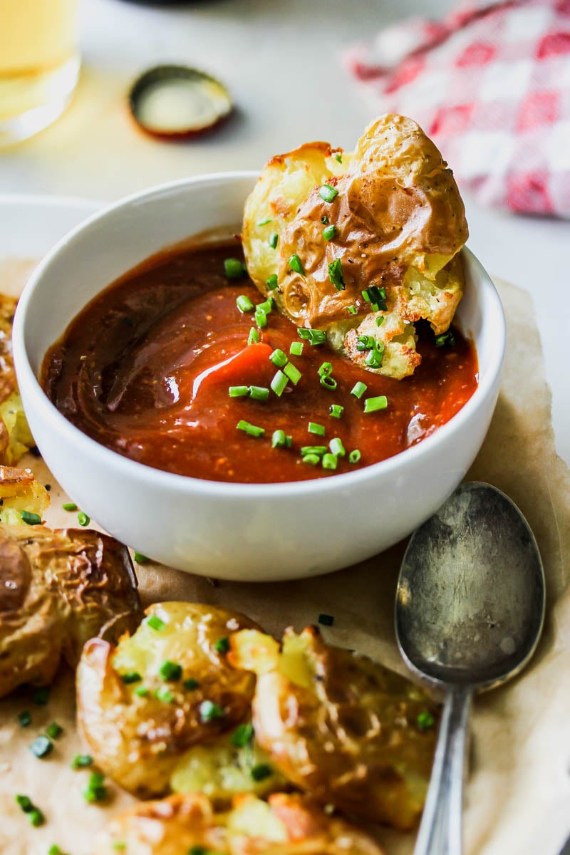 Salt and Vinegar Smashed Potatoes with Miso Ketchup