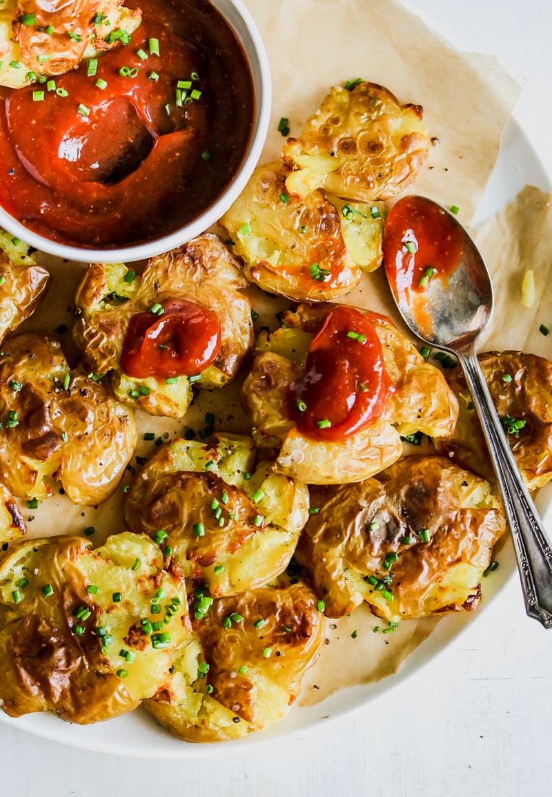 Salt and Vinegar Smashed Potatoes with Miso Ketchup