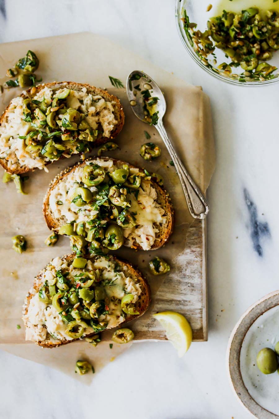 Cheesy Tuna Toasts with Olive Salsa