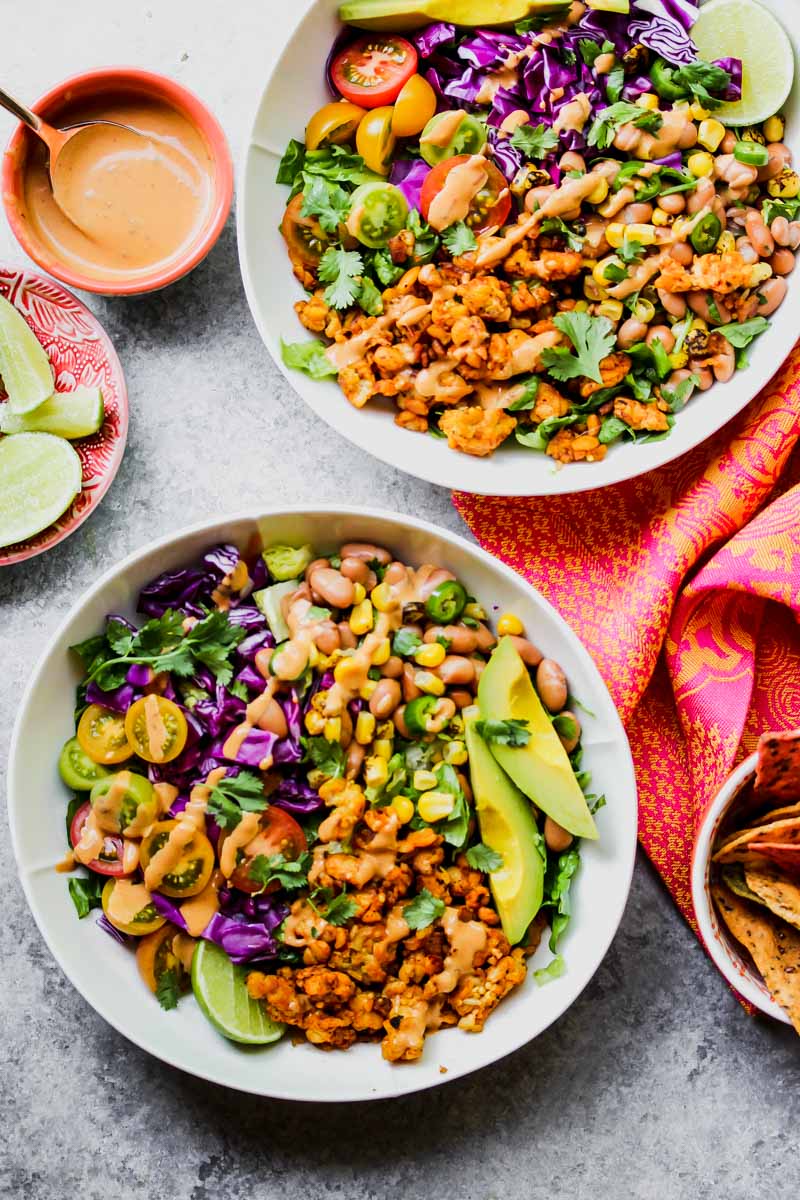Tempeh Taco Salads with Chipotle-Tahini Dressing