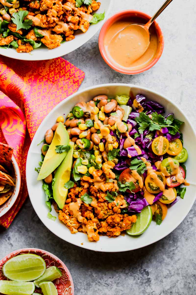 Tempeh Taco Salads with Chipotle-Tahini Dressing