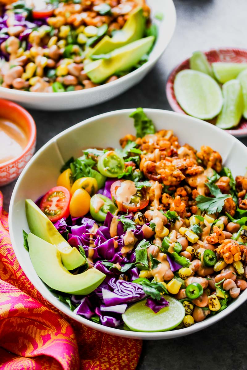 Tempeh Taco Salads with Chipotle-Tahini Dressing