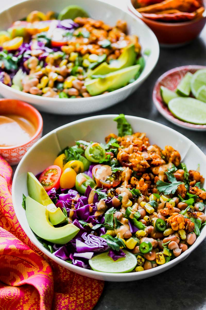 Tempeh Taco Salads with Chipotle-Tahini Dressing