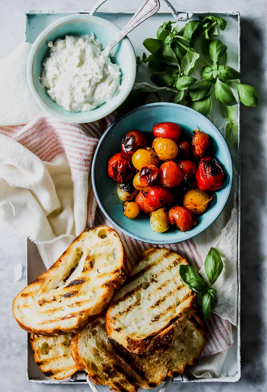 Blistered Tomato and Zucchini Tartines with Whipped Feta