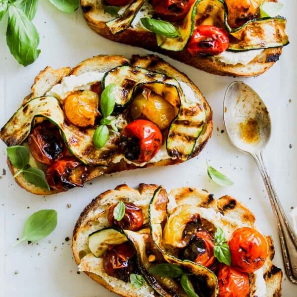 Blistered Tomato and Zucchini Tartines with Whipped Feta