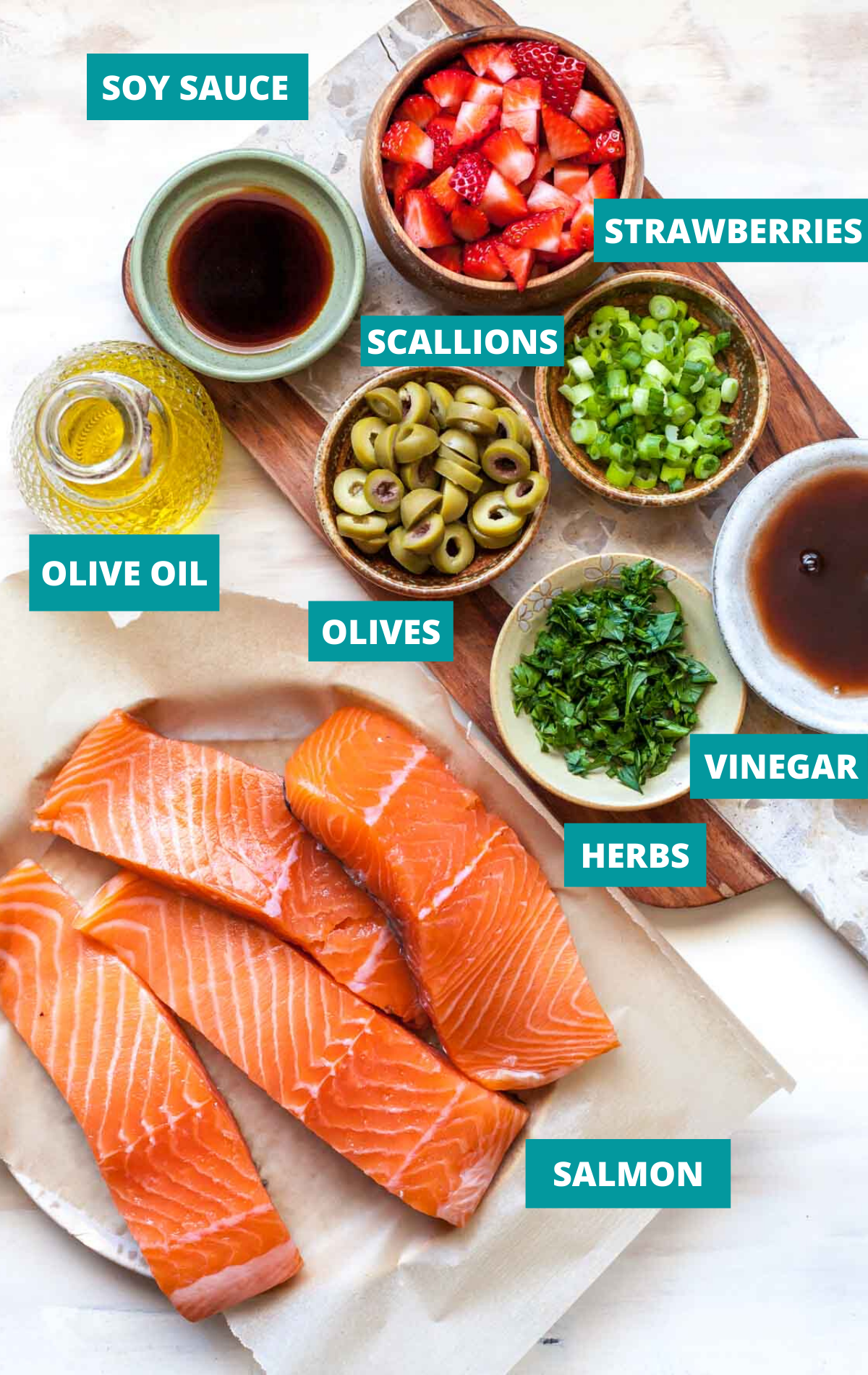 Ingredients in separate small bowls with labels.