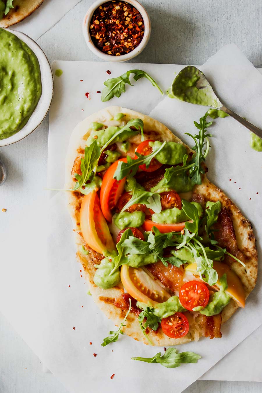 BLT Naan Flatbreads with Creamy Tomatillo Sauce