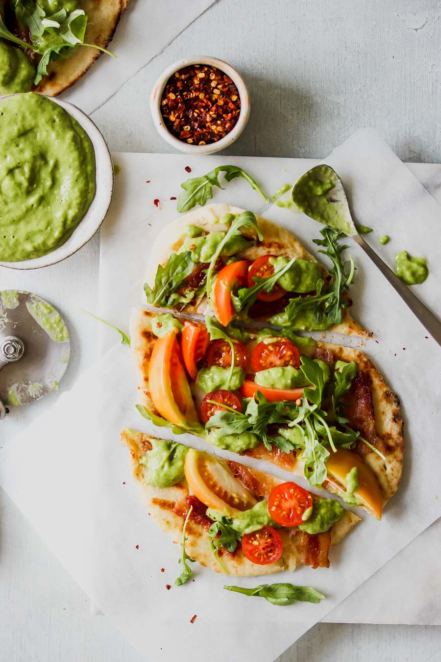 BLT Naan Flatbreads with Creamy Tomatillo Sauce