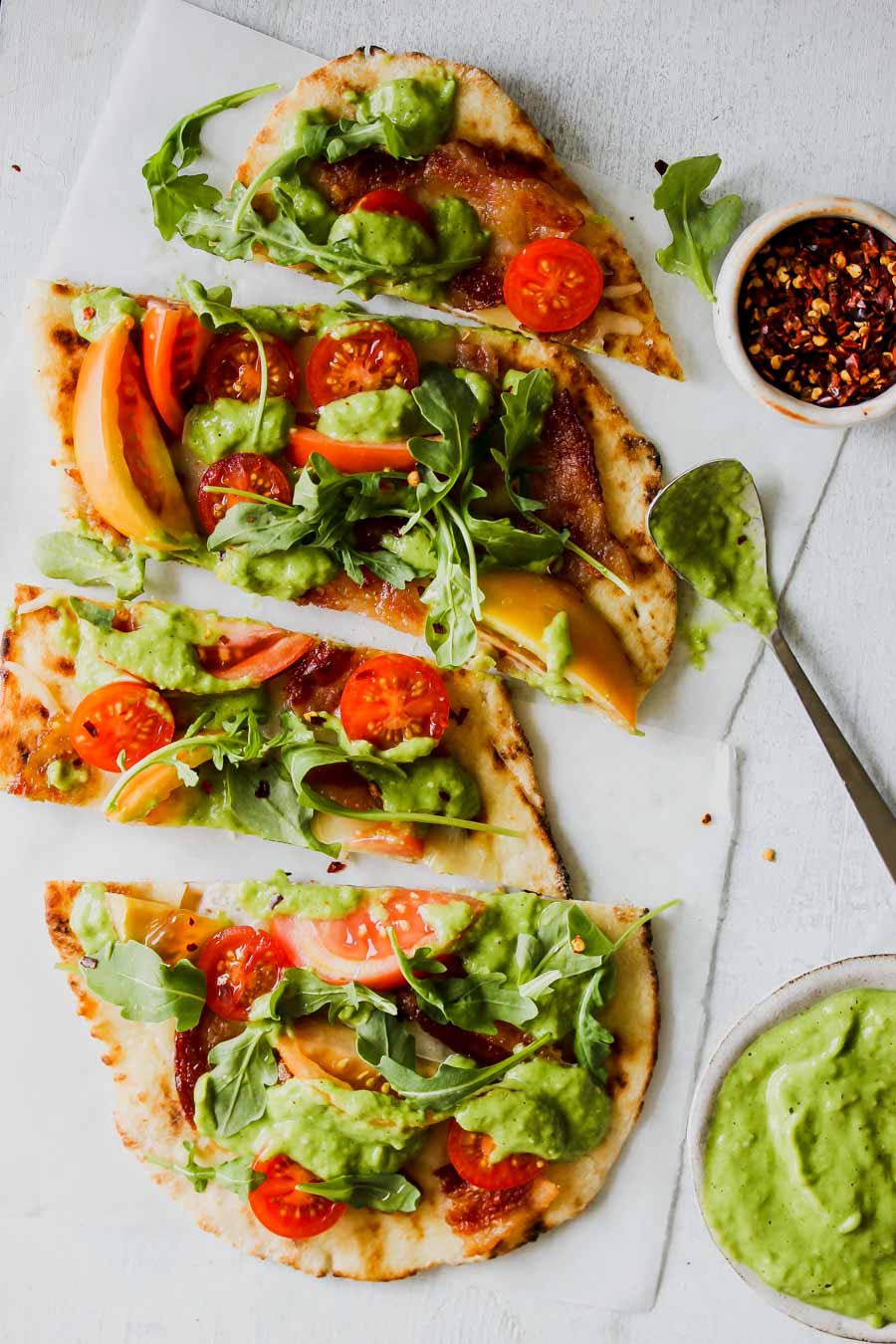 BLT Naan Flatbreads with Creamy Tomatillo Sauce