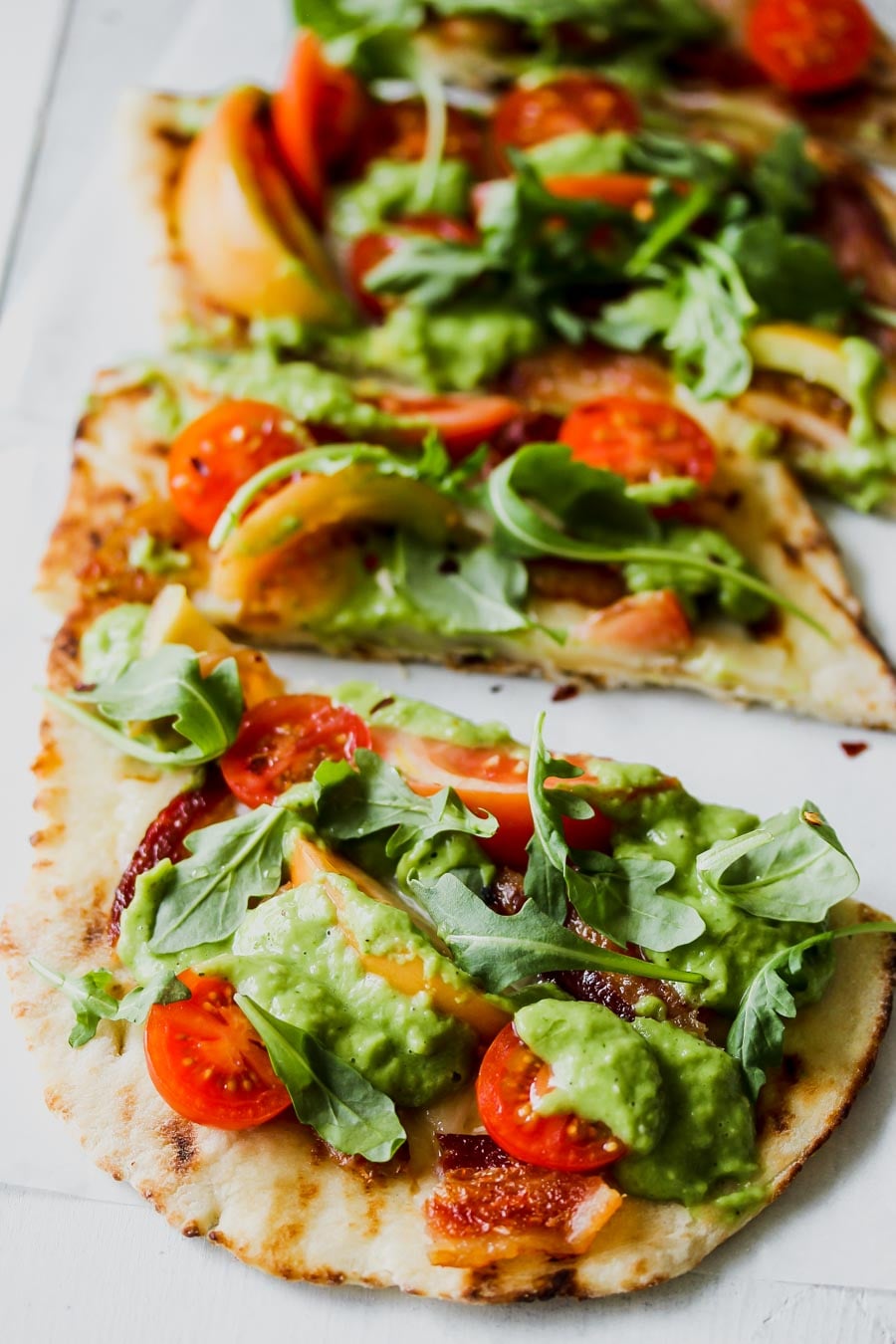 BLT Naan Flatbreads with Creamy Tomatillo Sauce