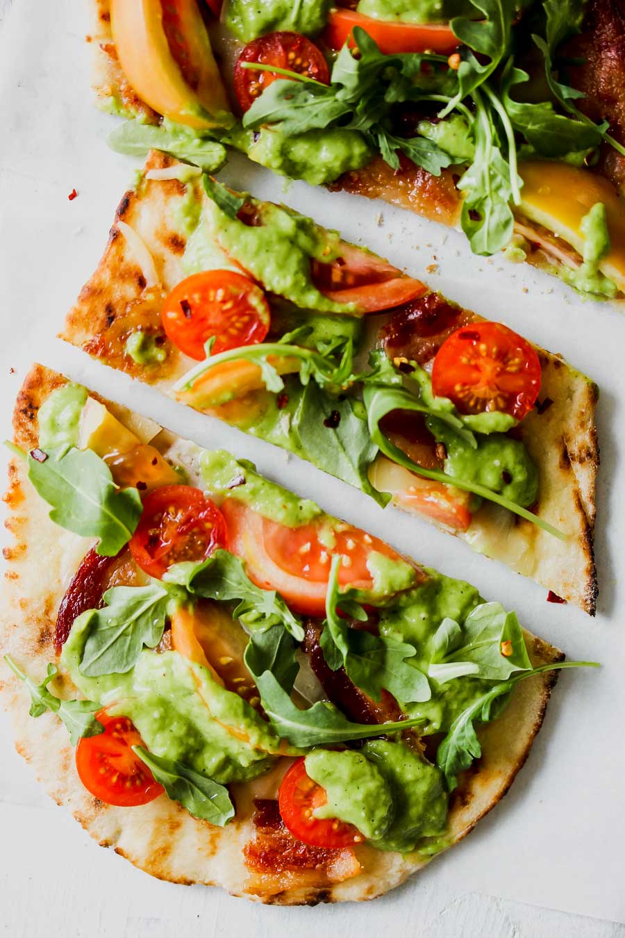 BLT Naan Flatbreads with Creamy Tomatillo Sauce