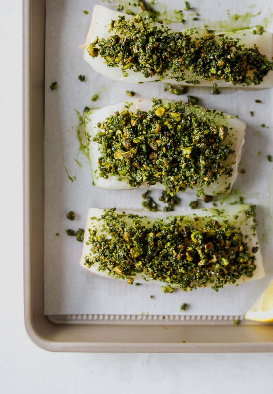 Matcha-Pistachio Crusted White Fish