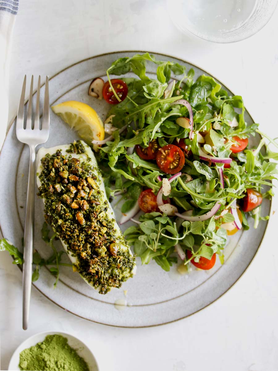 Matcha-Pistachio Crusted White Fish