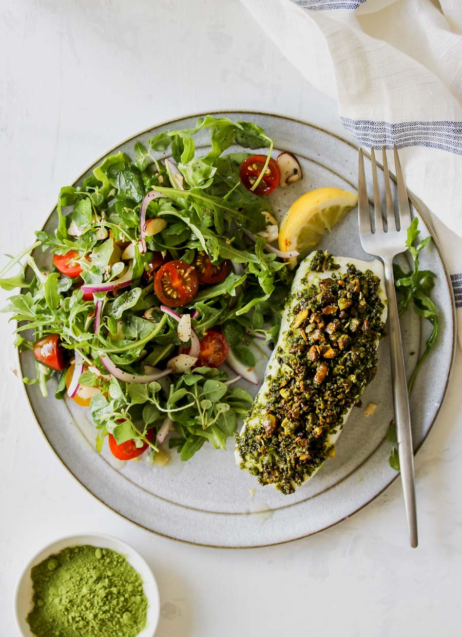 Matcha-Pistachio Crusted White Fish