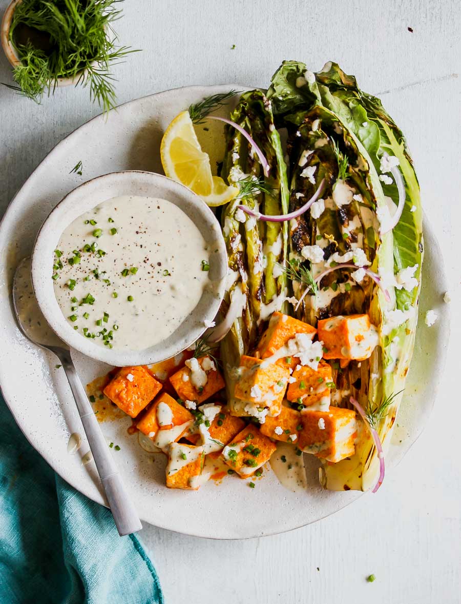 Grilled Romaine with Buffalo Tofu and Tahini Ranch