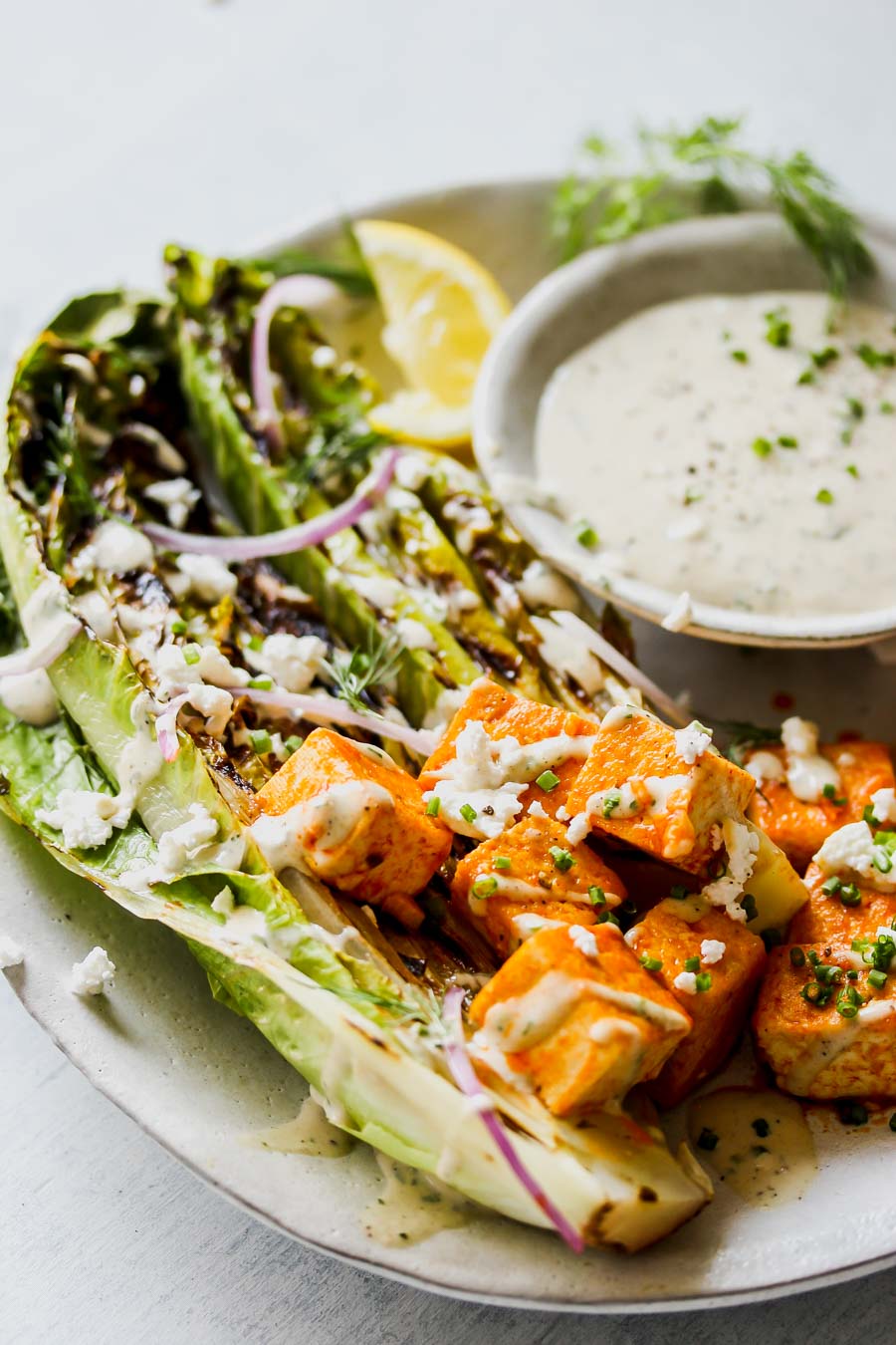 Grilled Romaine with Buffalo Tofu and Tahini Ranch