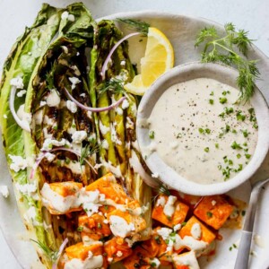 Grilled Romaine with Buffalo Tofu and Tahini Ranch