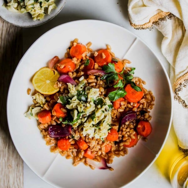 Balsamic-Roasted Carrots with Farro and Artichoke Gremolata