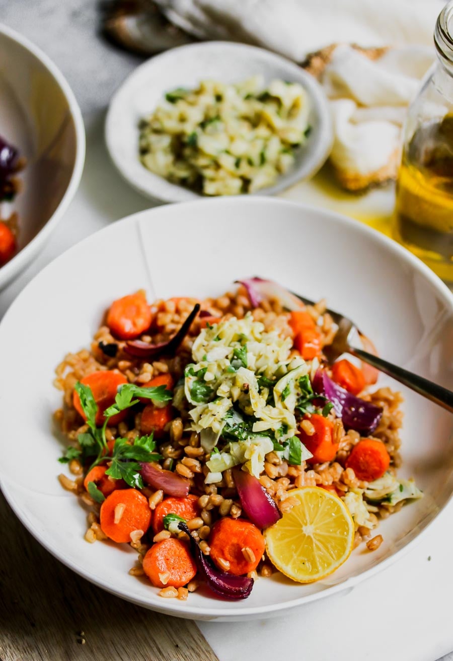 Balsamic-Roasted Carrots with Farro and Artichoke Gremolata