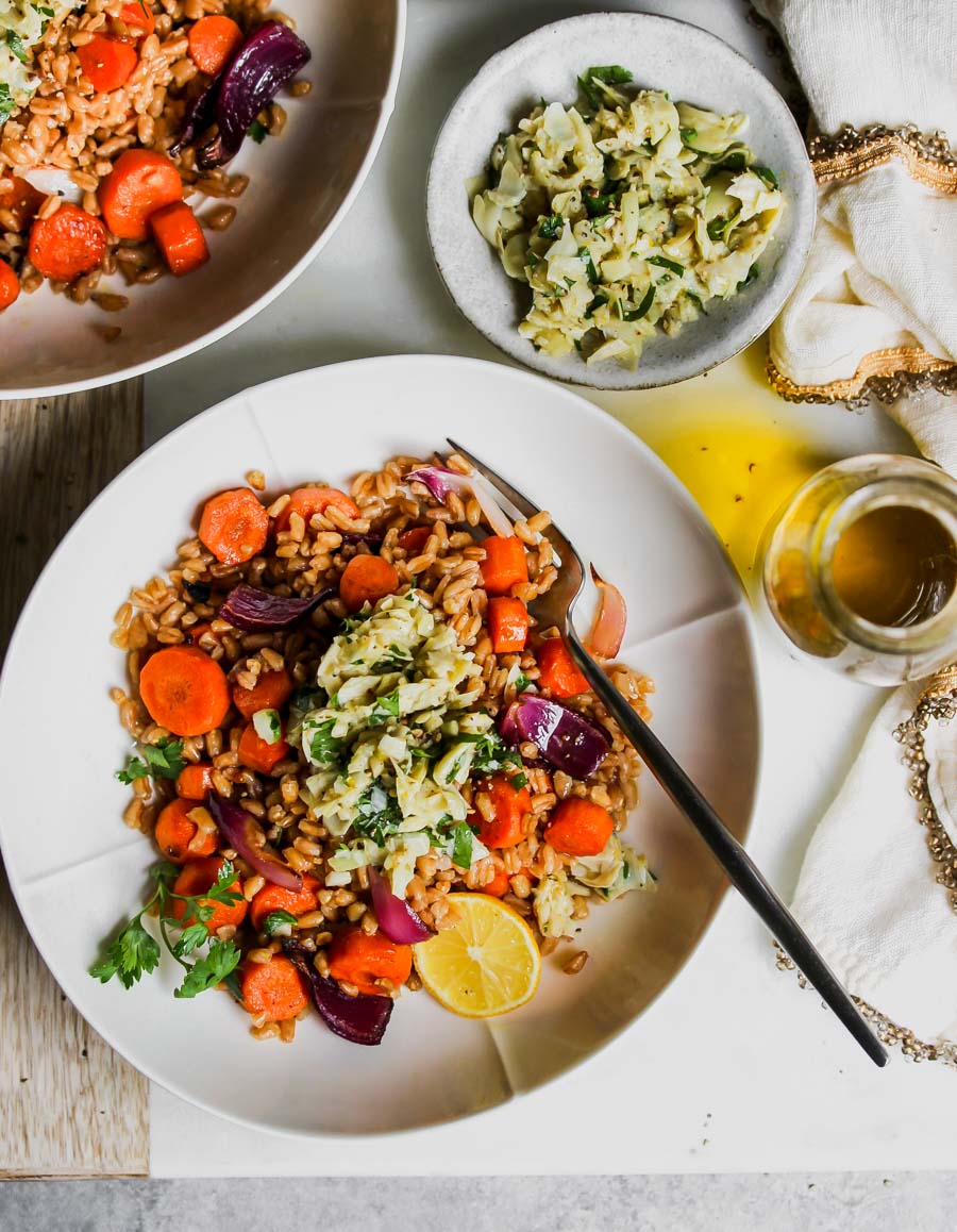 Balsamic-Roasted Carrots with Farro and Artichoke Gremolata