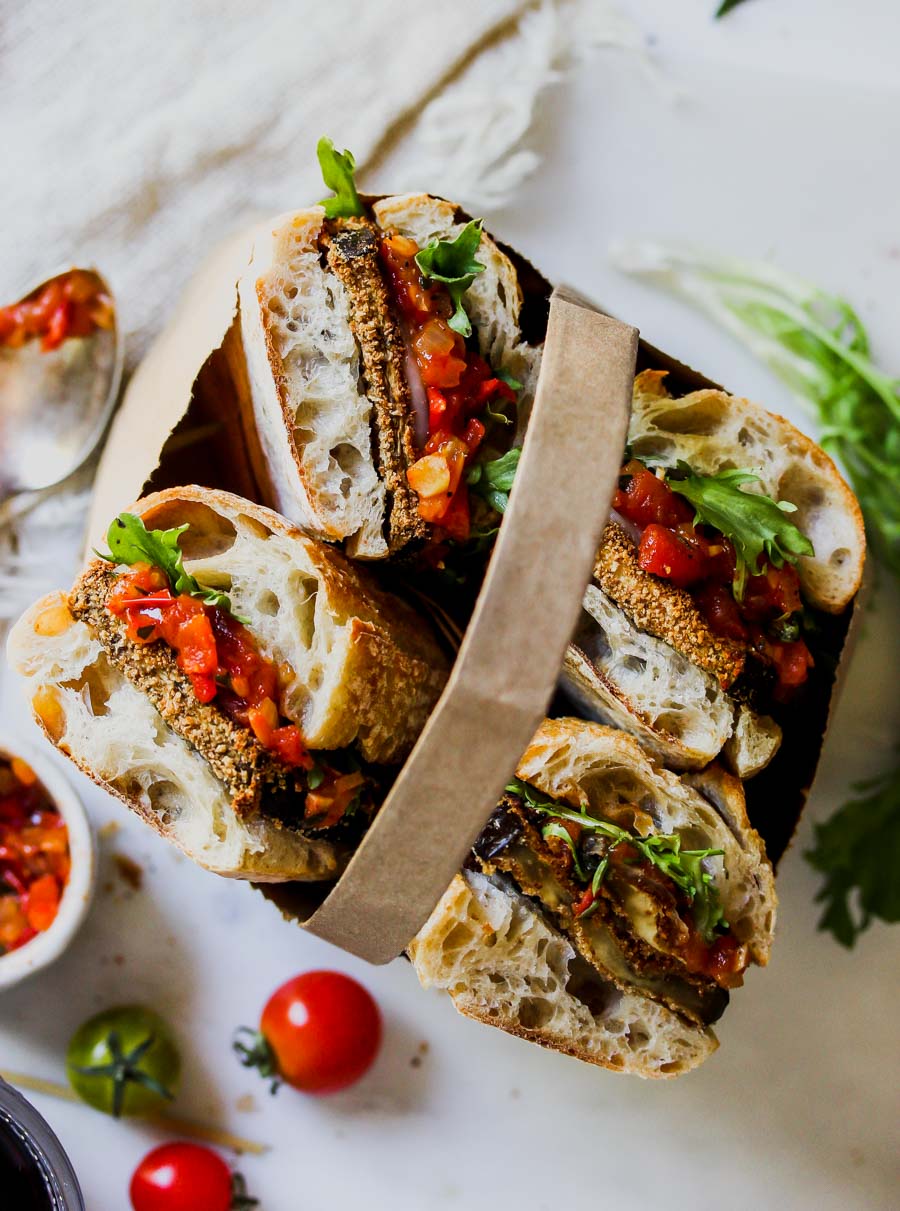 Crispy Eggplant Sandwiches with Tomato-Tarragon Relish
