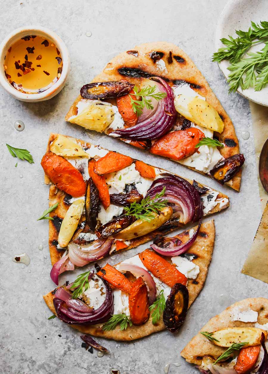 Roasted Root Vegetable and Goat Cheese Pizza with Chili Honey
