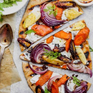 Roasted Root Vegetable and Goat Cheese Pizza with Chili Honey