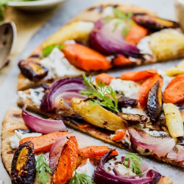 Roasted Root Vegetable and Goat Cheese Pizza with Chili Honey