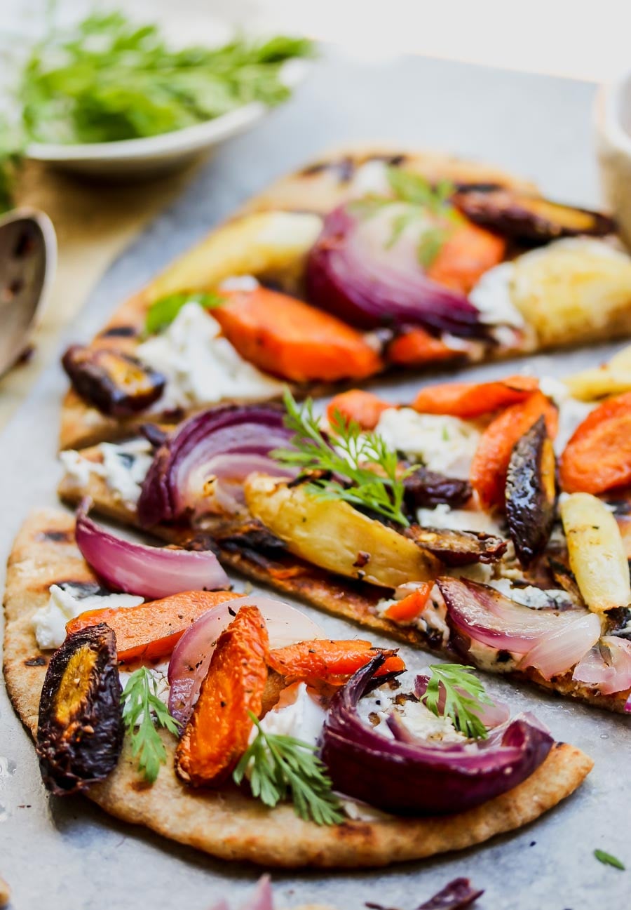 Roasted Root Vegetable and Goat Cheese Pizza with Chili Honey